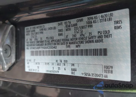 2016 Ford Escape S из США, поврежденный, VIN 1FMCU0F71GUC33342